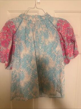 THML Blue & Pink Puff Sleeve Blouse